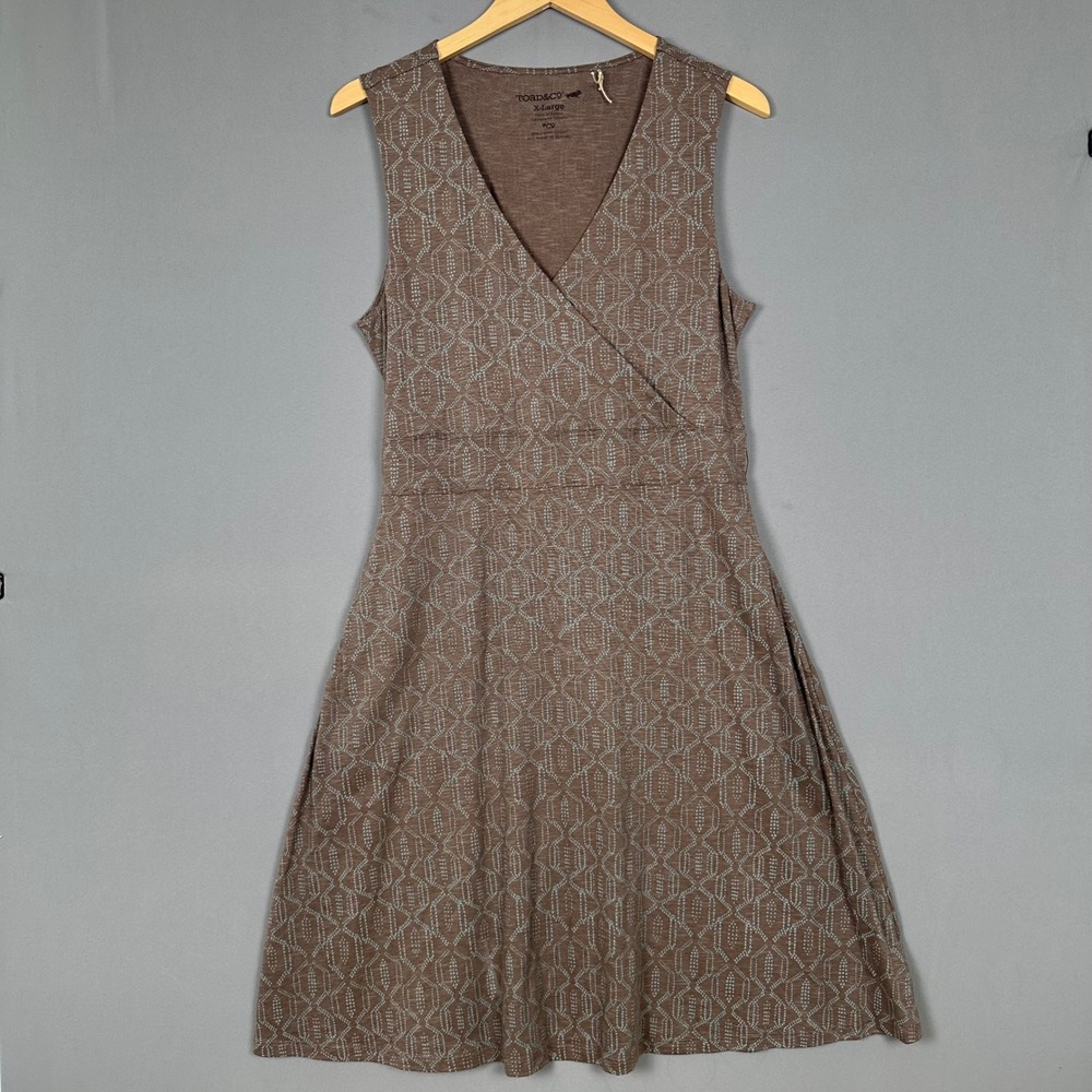 Toad&Co Cue Wrap SL Dress Brown Geometric Print Organic Cotton XL T1772801-S18